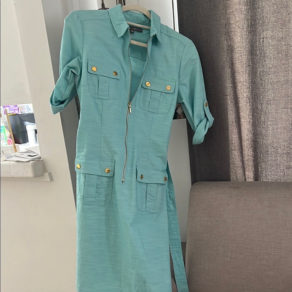 Sharagano Aqua Dress with Metallic Details